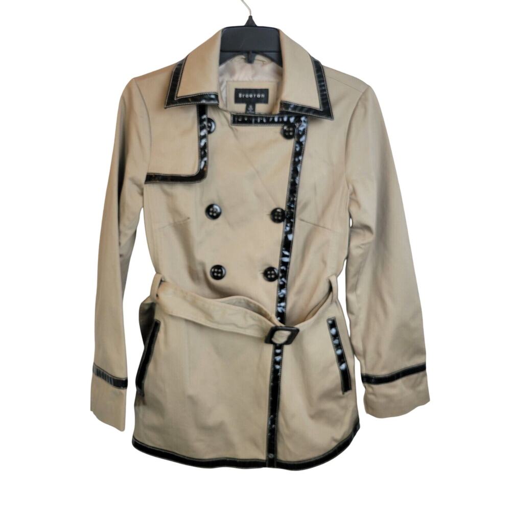 NWT Braetan Jacket Tan Black Double Breasted Belted Pea Coat‎ Women's Size Large